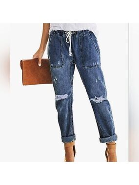 TRÏBE Blue Distressed Pull On Jogger Style Baggy Jeans Size XL